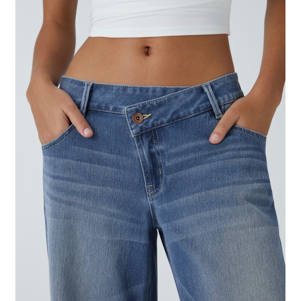 Halara Flex Asymmetric Low Rise Zipper Pockets Baggy Wide Leg Jeans Blue XS - Picture 5 of 9